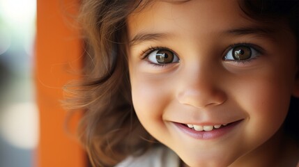 Fototapeta premium A young girl with big, expressive eyes wearing a joyful smile on her face.