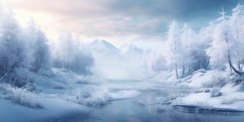 Obraz na płótnie Canvas A serene river flowing through a snowy forest. Perfect for nature and winter-themed designs