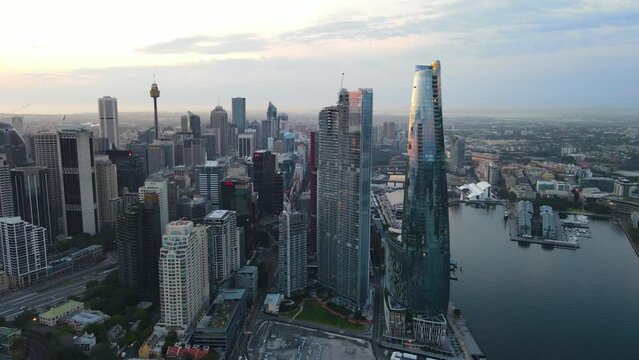 Aerial drone view of Barangaroo waterfront precinct in Sydney City, NSW Australia during a morning sunrise in December 2023