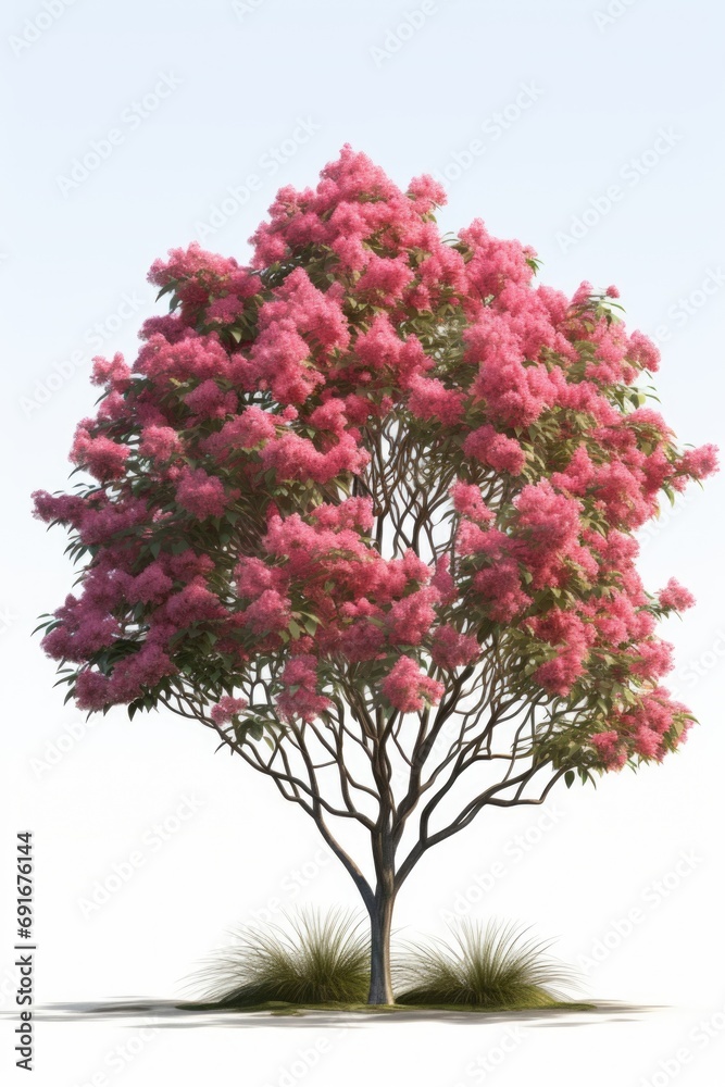 Poster a picture of a tree with pink flowers against a white background. can be used for various design pro