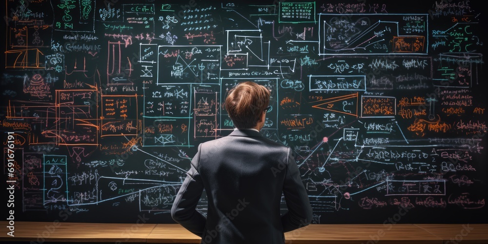 Poster A man is standing in front of a blackboard covered in lots of writing. This image can be used to illustrate concepts, education, or problem-solving