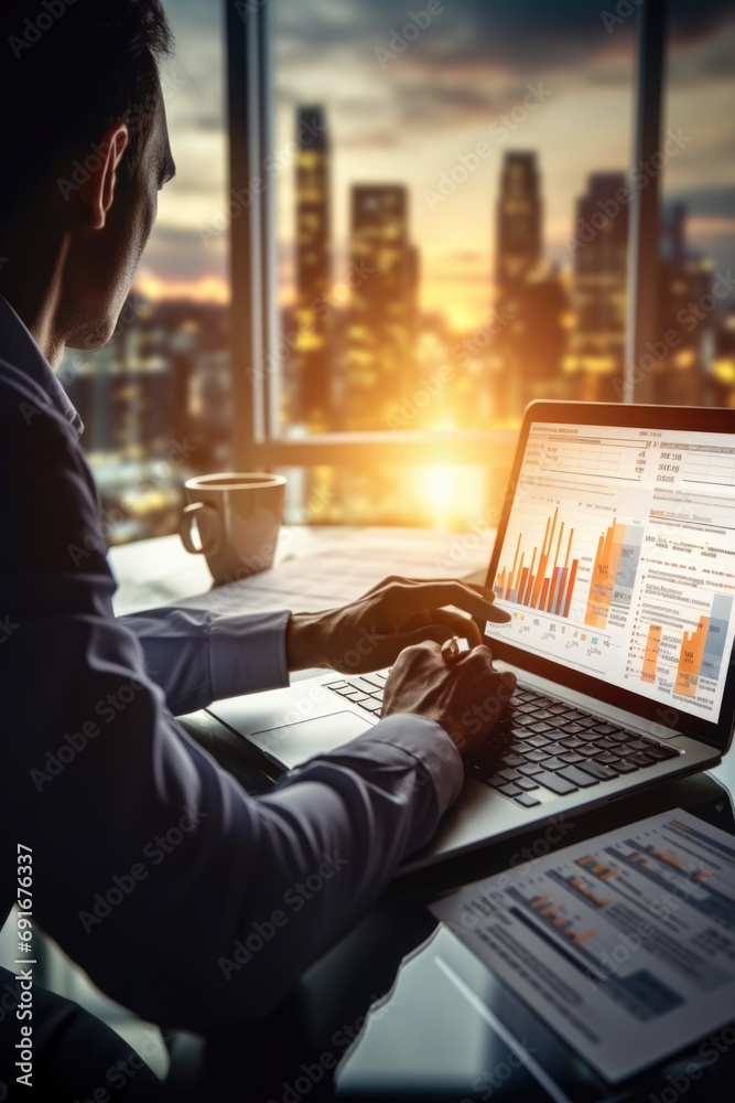 Poster a man sitting at a desk using a laptop computer. suitable for business, technology, and remote work 