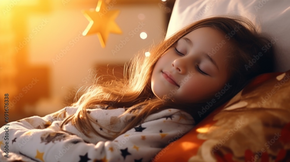 Poster a peaceful image of a little girl sleeping on a soft pillow. suitable for various uses