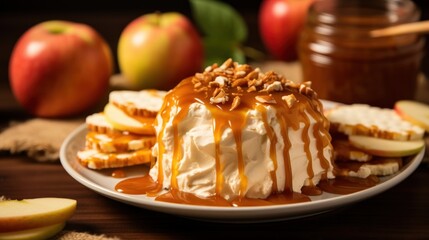 a white plate topped with a cake covered in caramel sauce and sliced apples next to a jar of peanut butter and caramel on the side of the plate. - obrazy, fototapety, plakaty
