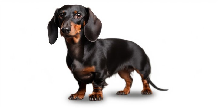 A picture of a black and brown dog standing on a white surface. Suitable for pet-related content or animal-themed designs