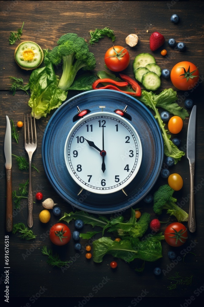 Poster a clock displayed on a plate with a variety of fresh vegetables and fruits. suitable for illustratin
