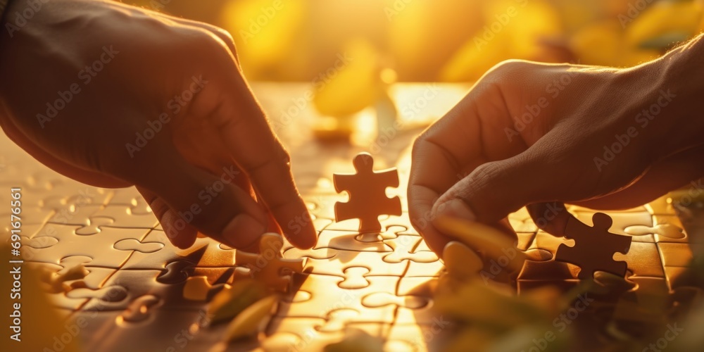 Poster Two hands holding a puzzle piece. Can be used to depict teamwork, problem-solving, collaboration, or fitting in