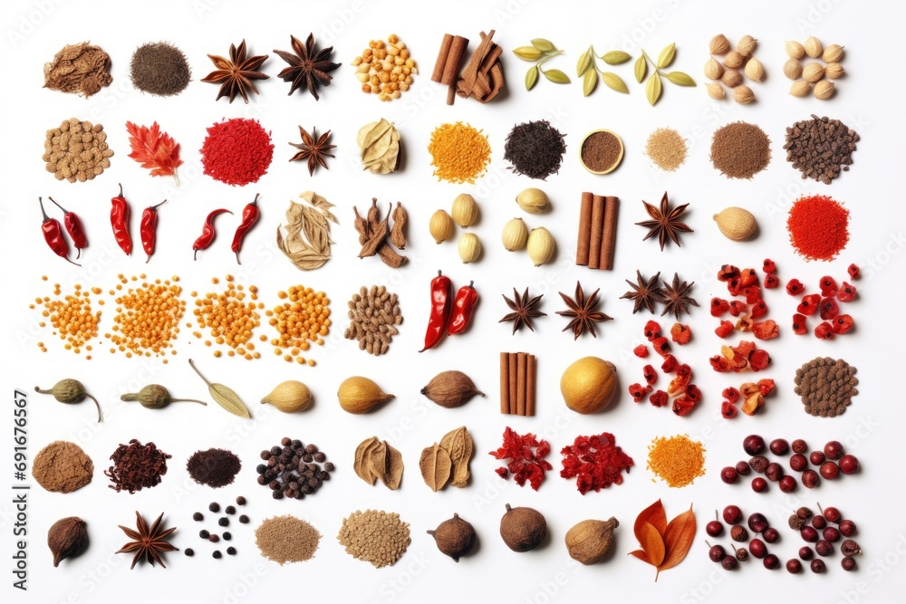 Poster A collection of various spices and nuts arranged on a clean white surface. This image can be used to enhance food-related articles, recipes, or for illustrating the concept of culinary diversity.