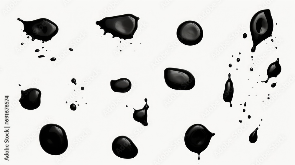 Poster drops of black liquid on a white surface. suitable for various uses