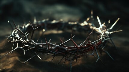 A crown of thorns resting on top of a rugged rock. Can be used to symbolize sacrifice, suffering,...