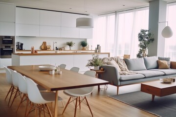 Fototapeta premium A fully furnished living room featuring various pieces of furniture and a wooden table. This versatile image can be used to showcase interior design, home decor, or real estate concepts