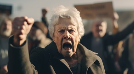 An old woman with her mouth wide open stands in front of a crowd of people. This image can be used to depict surprise, shock, or amazement in various contexts - obrazy, fototapety, plakaty