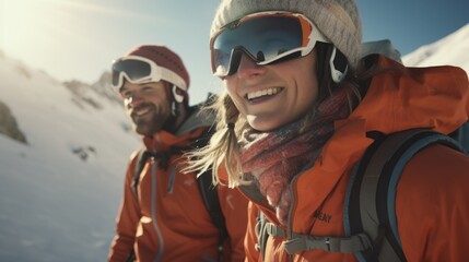 A man and a woman wearing skis and goggles. Ideal for winter sports and outdoor activities