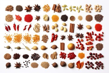 A collection of various spices and nuts arranged on a clean white surface. This image can be used to enhance food-related articles, recipes, or for illustrating the concept of culinary diversity.