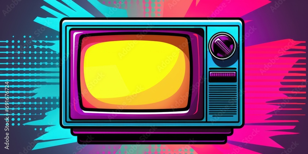Poster an old television with a yellow screen placed on a vibrant and colorful background. suitable for use