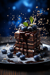 chocolate cake with nuts and berries. Piece of delicious sweet cake with cream and mint. Celebration and Birthday background