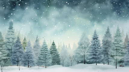 A magical forest of Christmas trees with snow falling gently, watercolor style, charming illustrations, xmas, new year, with copy space