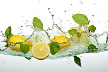 Lemons being thrown into water, creating a splash. Can be used to depict freshness, citrus fruits, or summer refreshment