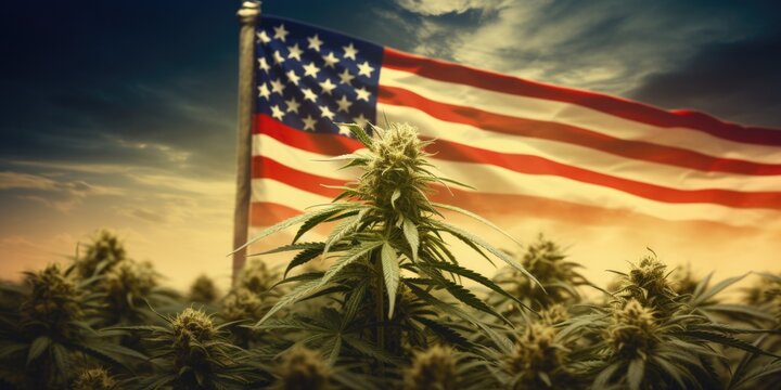 A marijuana plant placed in front of an American flag. Suitable for illustrating cannabis culture and legalization