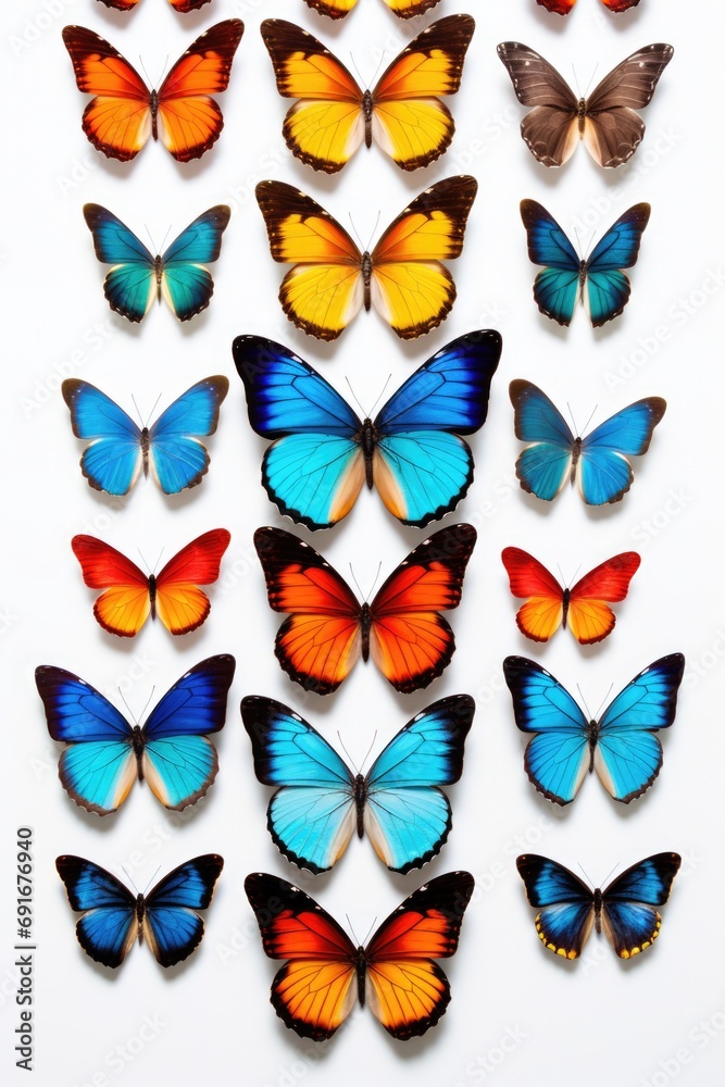 Poster Group of vibrant butterflies resting on a clean white surface. Perfect for nature enthusiasts and those looking to add a pop of color to their designs