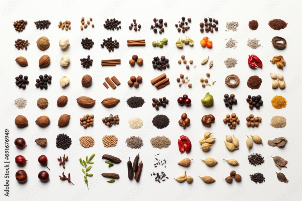 Poster A collection of different types of nuts and spices arranged on a clean white surface. Ideal for culinary or food-related projects