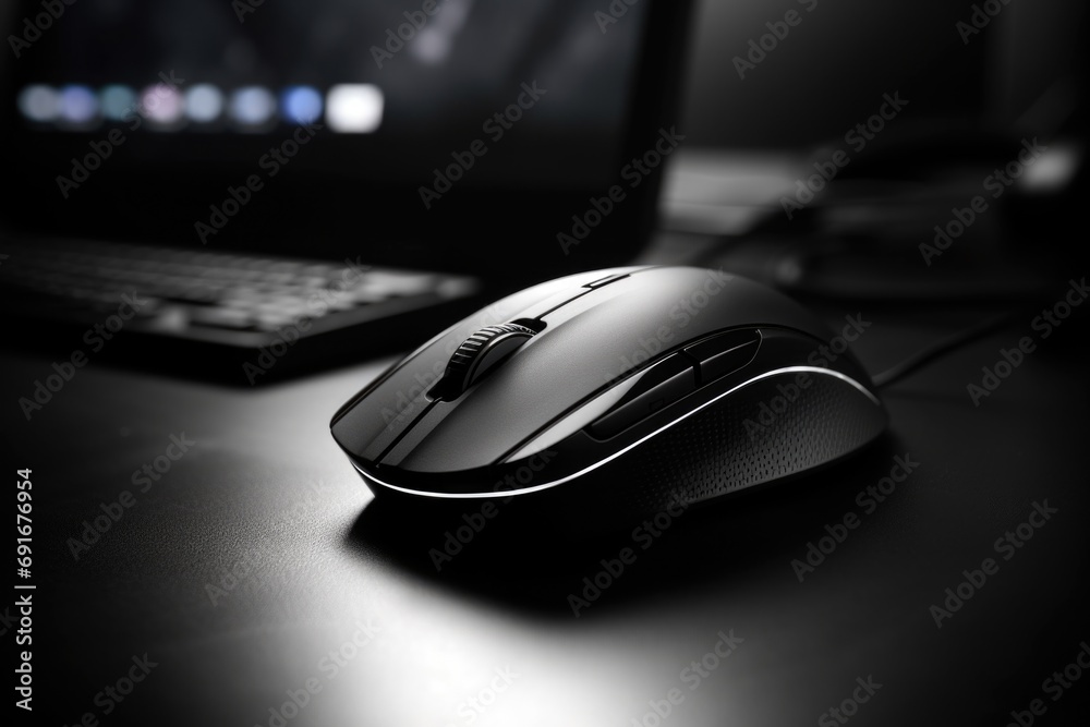 Aufkleber Computer mouse sitting on top of a desk next to a laptop. Suitable for technology and office-related projects