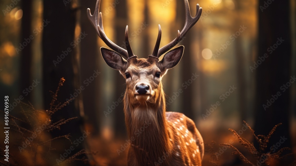 Poster a deer standing in the middle of a forest. suitable for nature and wildlife themes