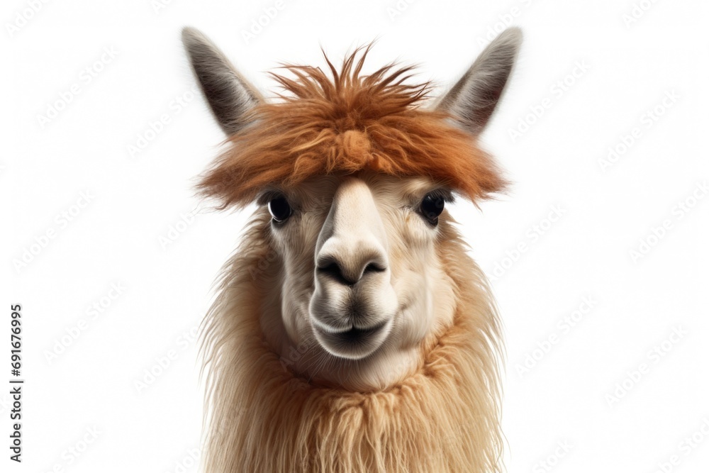 Poster a close-up view of a llama with a furry head. this image can be used for various purposes