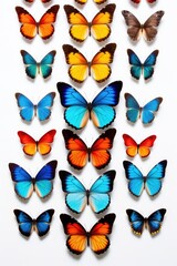 Fototapeta premium Group of vibrant butterflies resting on a clean white surface. Perfect for nature enthusiasts and those looking to add a pop of color to their designs