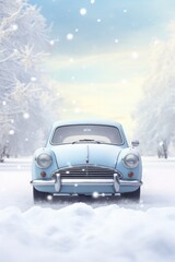A blue car parked in the snow. Suitable for winter, transportation, and automotive concepts