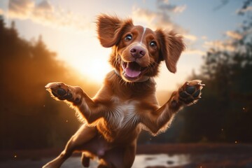 A dog captured in mid-air, jumping with its paws raised. This image can be used to depict energy,...