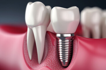 Jaw with gums and teeth and dental implant screws. Dental implant process, 3D illustration. Close up of a dental implant. Copy space. - obrazy, fototapety, plakaty