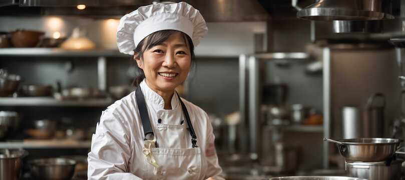 Portrait of an elderly Japanese woman cook in the kitchen