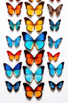 Group of vibrant butterflies resting on a clean white surface. Perfect for nature enthusiasts and those looking to add a pop of color to their designs