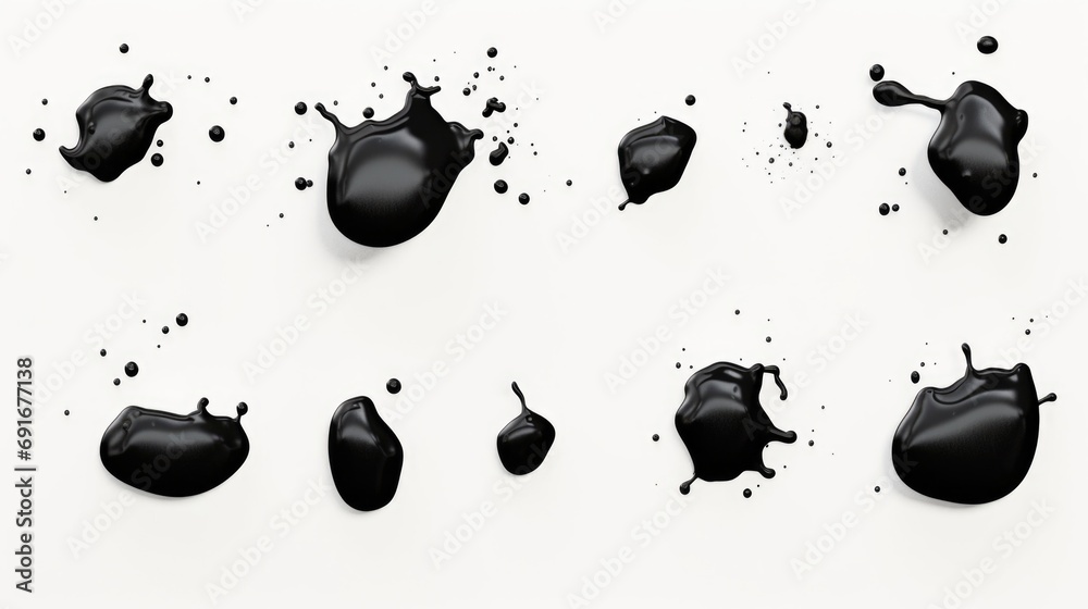 Poster a group of black liquid drops on a white surface. versatile image for various applications