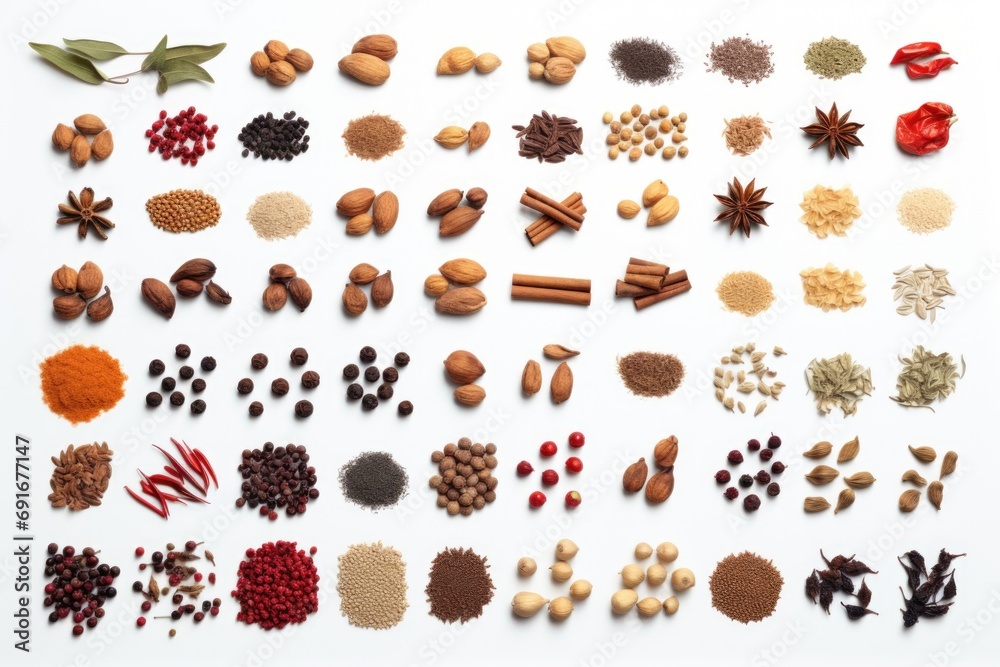 Poster a collection of various spices and nuts arranged on a white surface. perfect for culinary websites, 