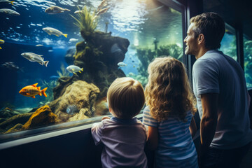 Family watching dolphins in aquarium. Children having fun at weekend getaway. Silhouettes of family...