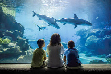 Family watching dolphins in aquarium. Children having fun at weekend getaway. Silhouettes of family...