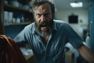 Fototapeta premium A man with a beard wearing a blue shirt. Versatile image suitable for various uses