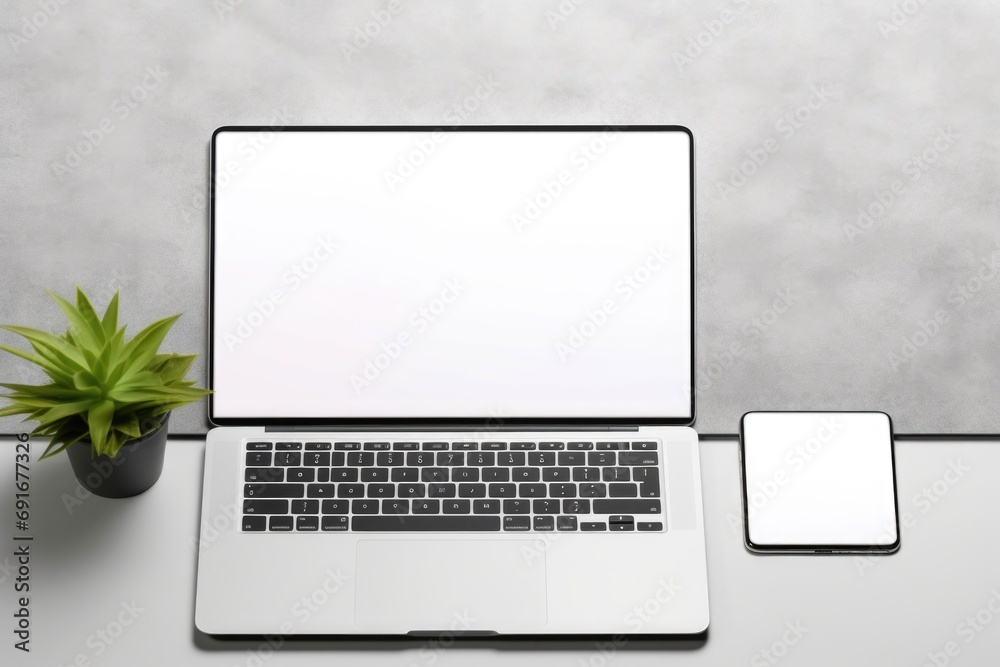 Poster A laptop computer is placed on top of a desk next to a phone. This versatile image can be used in various business and technology-related projects