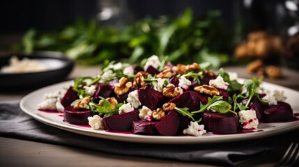  a close up of a plate of food with beets and feta cheese on a table next to a bowl of spinach leaves and a glass of wine. - obrazy, fototapety, plakaty