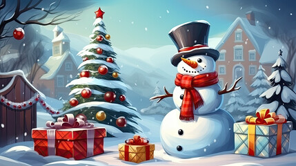 Obraz premium illustration of cute snowman, christams tree and gift boxes