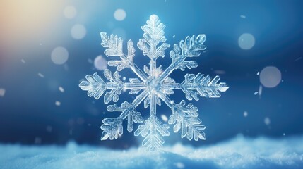 A detailed close-up of a snowflake on a snowy surface. Perfect for winter-themed designs and holiday projects