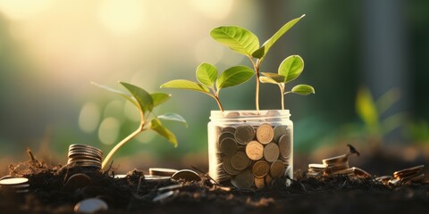 A jar filled with coins and a plant growing out of it. This unique image can be used to represent financial growth, savings, investment, or the concept of nurturing wealth