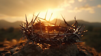 A crown of thorns sitting atop a rock. Suitable for religious themes and symbolism