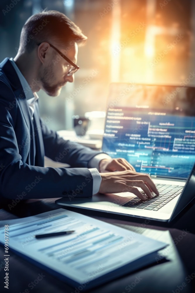 Poster a man in a suit is seen diligently working on his laptop. this versatile image can be used to depict