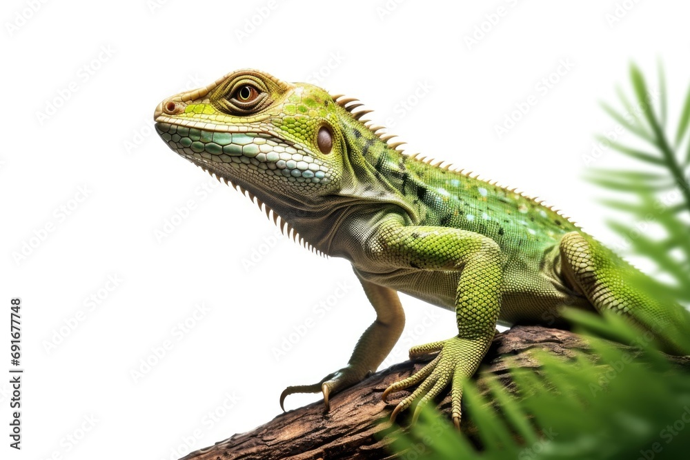 Poster a green lizard sitting on top of a tree branch. ideal for nature and wildlife enthusiasts