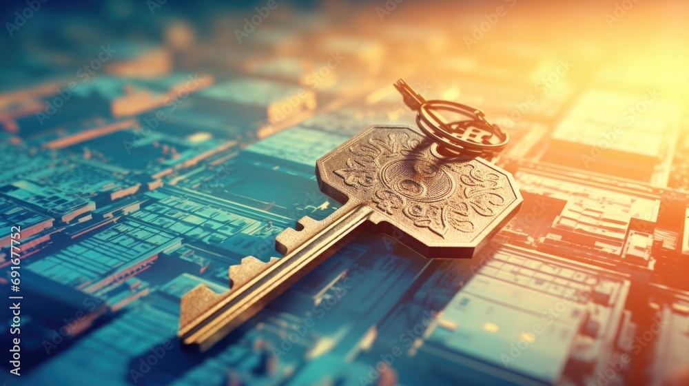 Poster A detailed close-up of a key on a circuit board. This image can be used to represent technology, security, access, or encryption