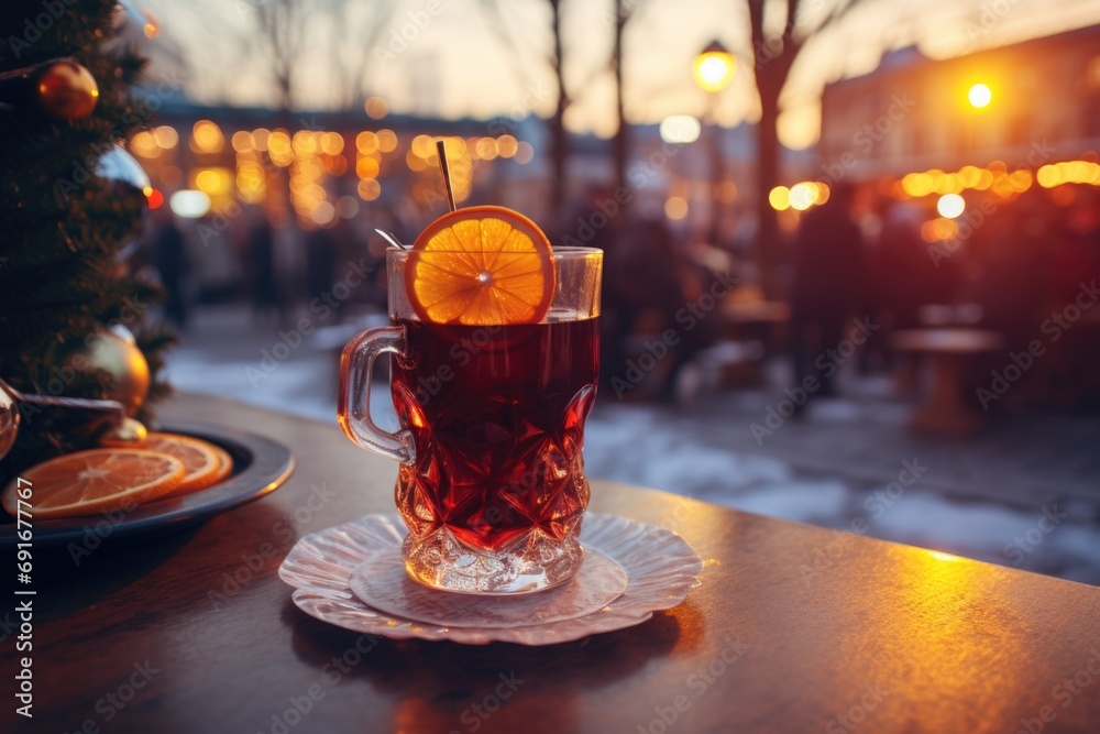 Poster a refreshing glass of tea with a slice of orange, perfect for a summer day. can be used for beverage