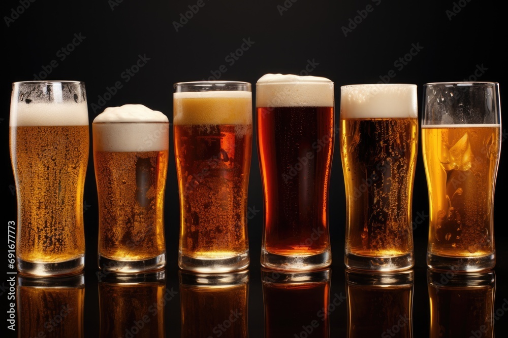 Poster A row of glasses filled with different types of beer. Perfect for illustrating a variety of beer options or showcasing a beer tasting event